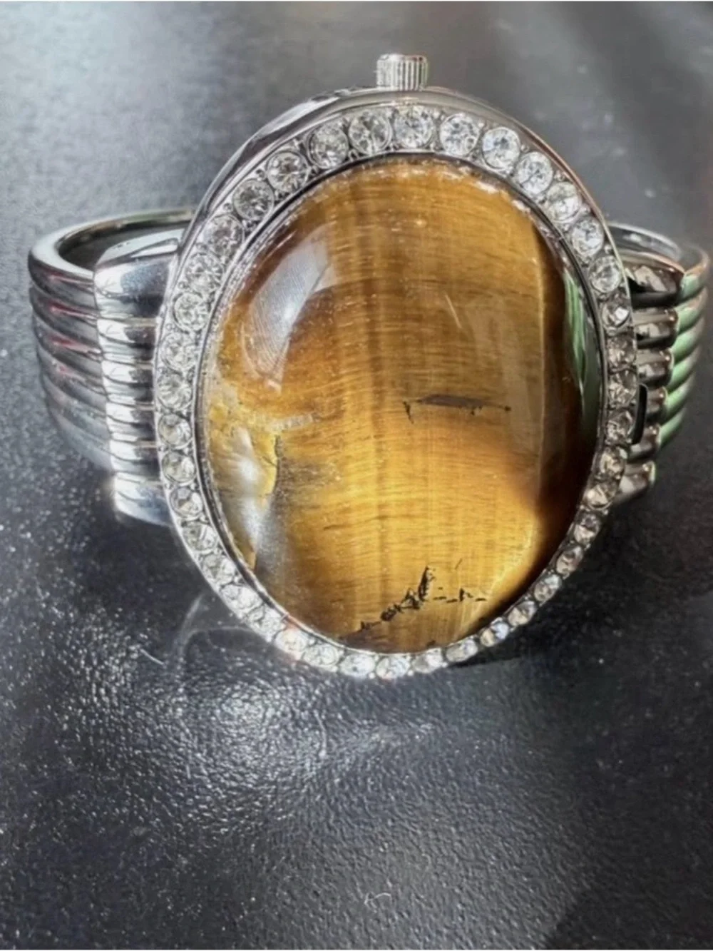 Genoa Tiger's Eye Cabochon Silver Ring with Halo